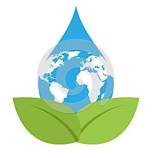 Illustration of conservation and protection of the environment.Water drop and green leaf logo